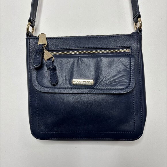 Cole Haan Crossbody Bag Blue Leather Purse Gold Accent - Picture 2 of 7